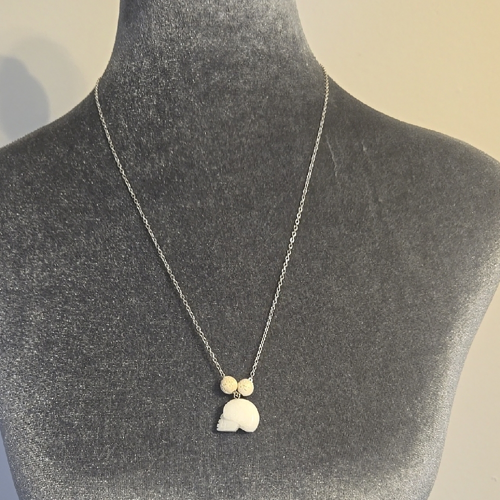 Carved White Jade Skull & Lava Stone Healing & Protection Natural Stone Necklace - Picture 5 of 6